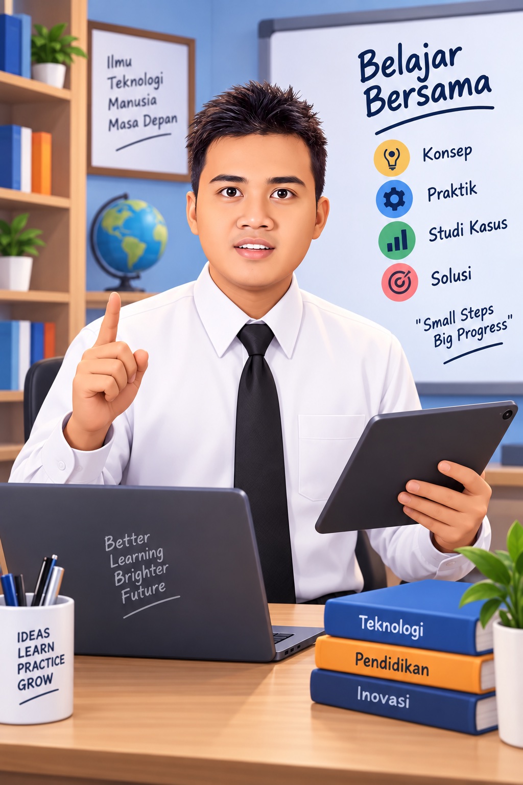 Pengajar sedang belajar bersama menggunakan laptop dan tablet